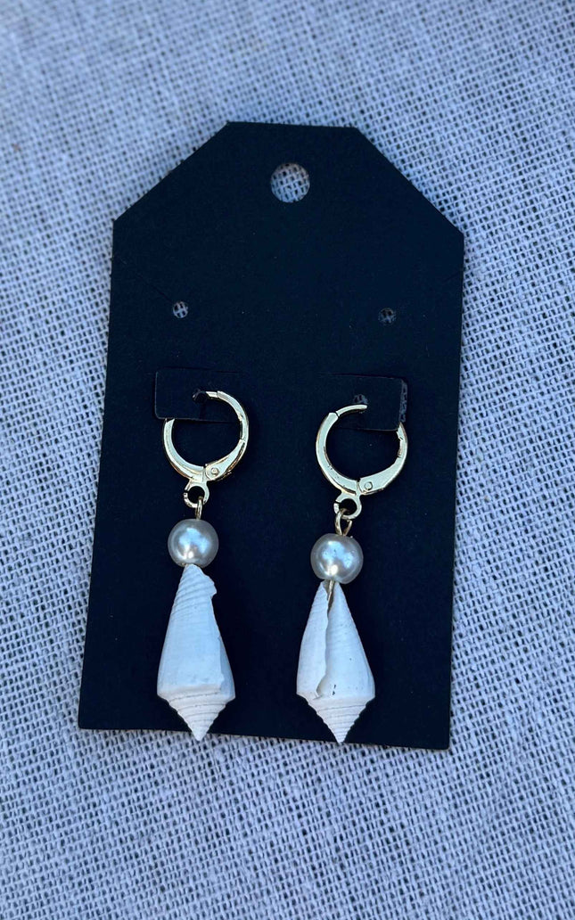 White Seashell and Pearl Hoop Earrings