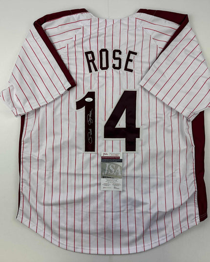 Autographed/Signed Pete Rose Philadelphia Pinstripe Baseball Jersey JSA COA