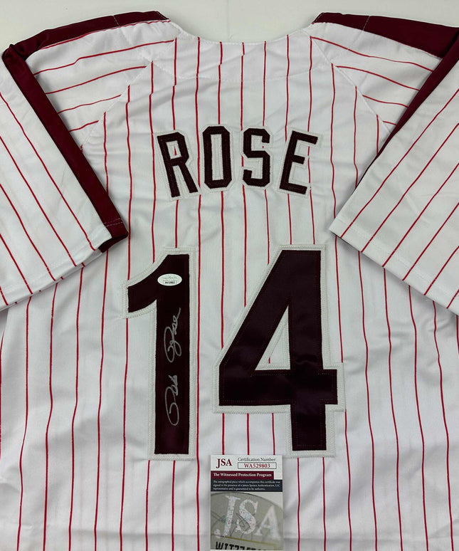 Autographed/Signed Pete Rose Philadelphia Pinstripe Baseball Jersey JSA COA