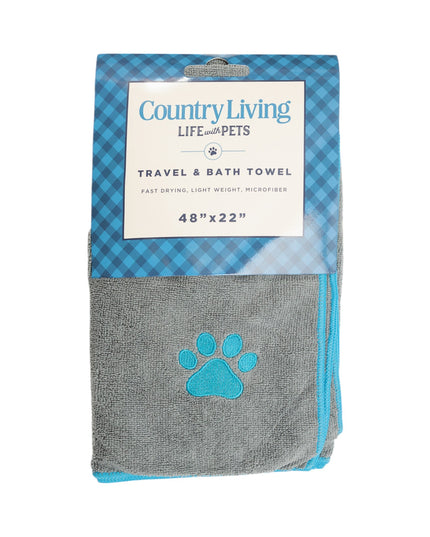 Country Living Large Gray Microfiber Dog Bath Towel with Teal Embroidered Paw Print