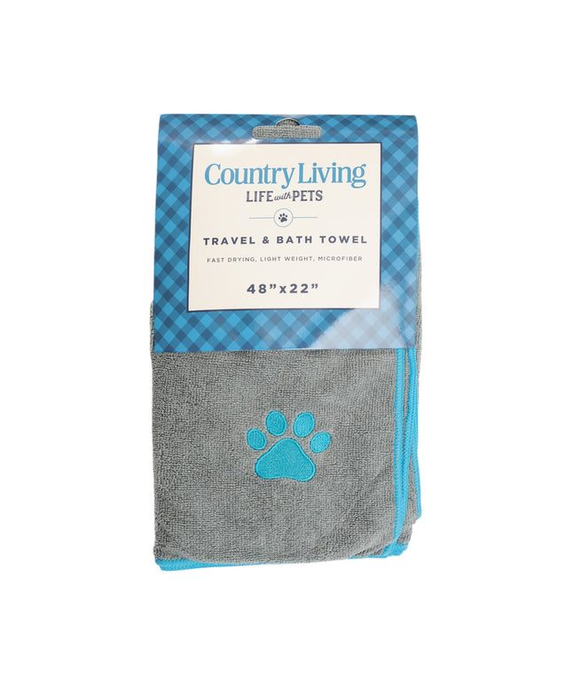 Country Living Large Gray Microfiber Dog Bath Towel with Teal Embroidered Paw Print