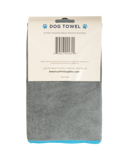 Country Living Large Gray Microfiber Dog Bath Towel with Teal Embroidered Paw Print