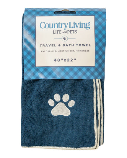 Country Living Large Marine Blue Microfiber Dog Bath Towel with Embroidered Paw Print