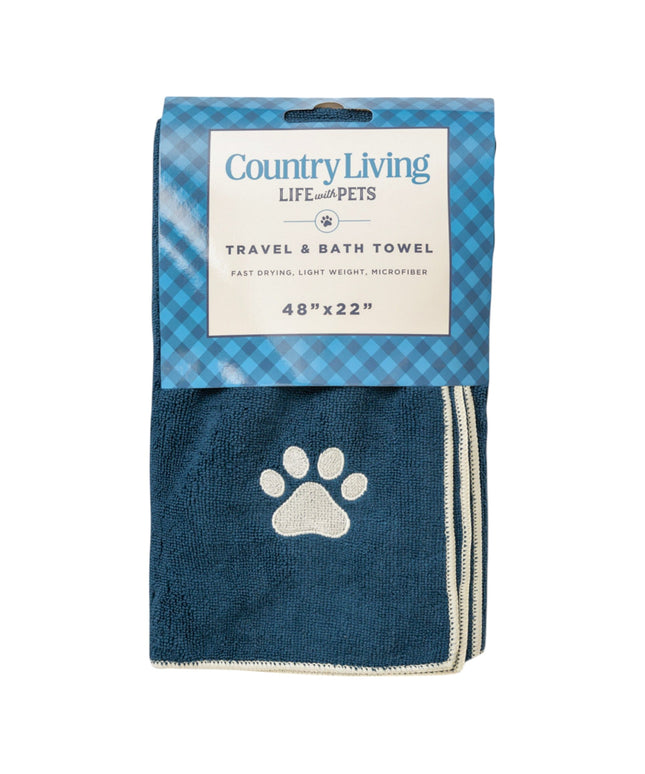 Country Living Large Marine Blue Microfiber Dog Bath Towel with Embroidered Paw Print
