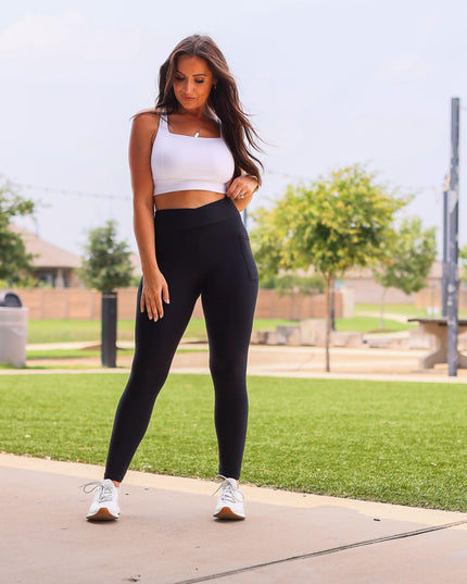 Ready to Ship |  The Stephanie - Crossover BLACK Pocket Full Length Leggings
