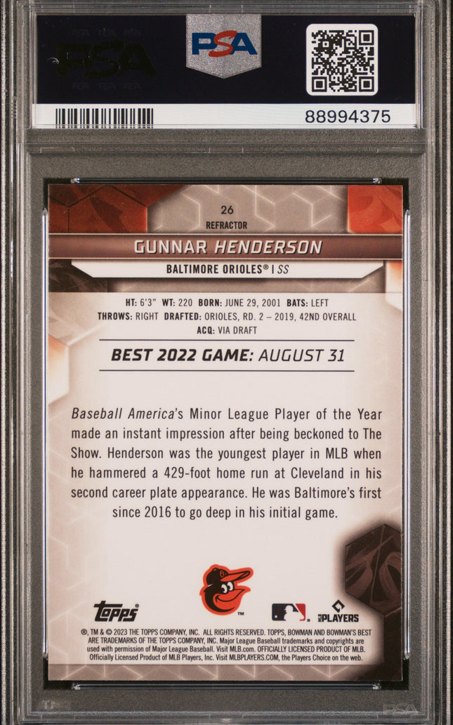 Graded 2023 Topps Bowmans Best Gunnar Henderson #26 Refractor Rookie RC Baseball Card PSA 10 Gem Mint