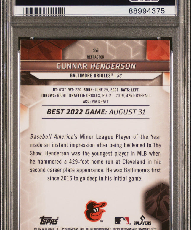 Graded 2023 Topps Bowmans Best Gunnar Henderson #26 Refractor Rookie RC Baseball Card PSA 10 Gem Mint