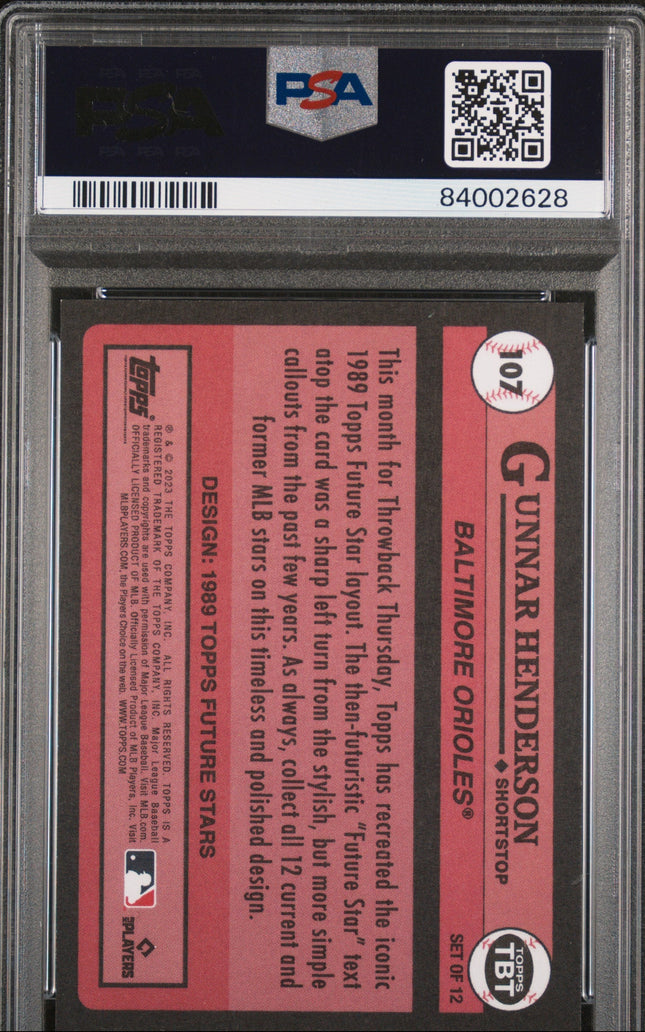 Graded 2023 Topps Gunnar Henderson #107 Throwback Thursday Rookie RC Baseball Card PSA 10 Gem Mint