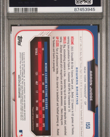 Graded 2015 Topps Bowman Draft Aaron Judge #150 Rookie RC Baseball Card PSA 10 Gem Mint