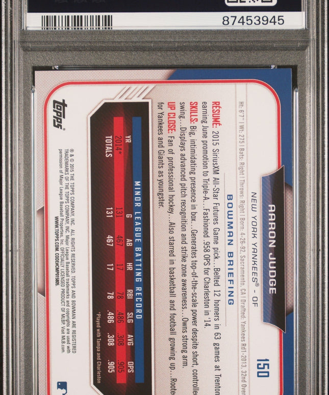 Graded 2015 Topps Bowman Draft Aaron Judge #150 Rookie RC Baseball Card PSA 10 Gem Mint
