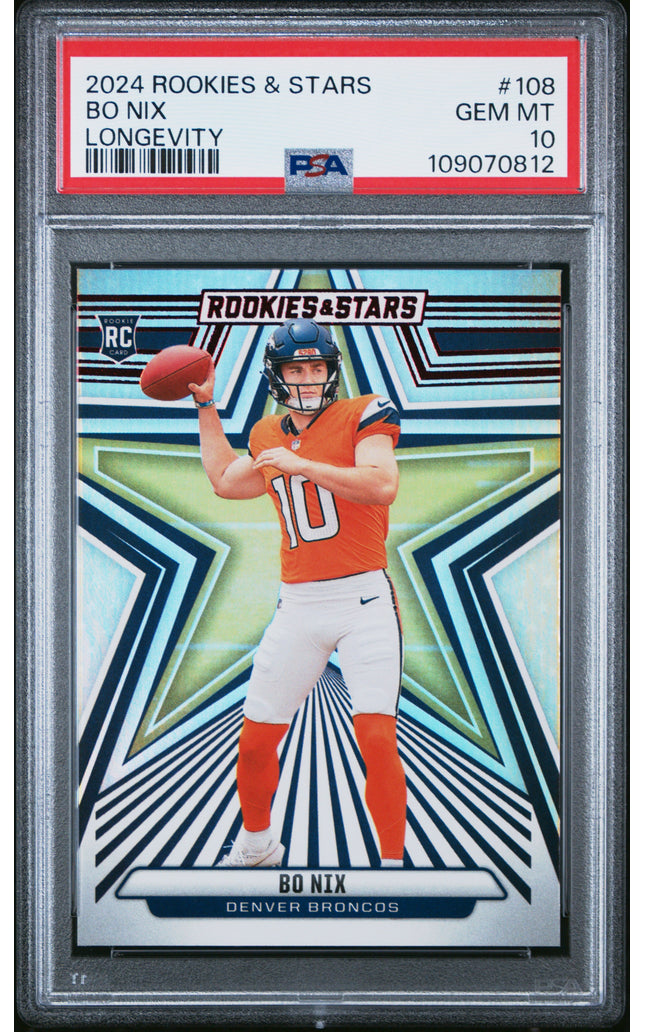 Graded 2024 Panini Rookies & Stars Bo Nix #108 Longevity RC Football Card PSA 10 Gem Mint