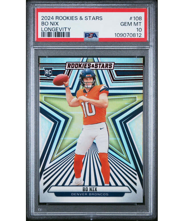Graded 2024 Panini Rookies & Stars Bo Nix #108 Longevity RC Football Card PSA 10 Gem Mint