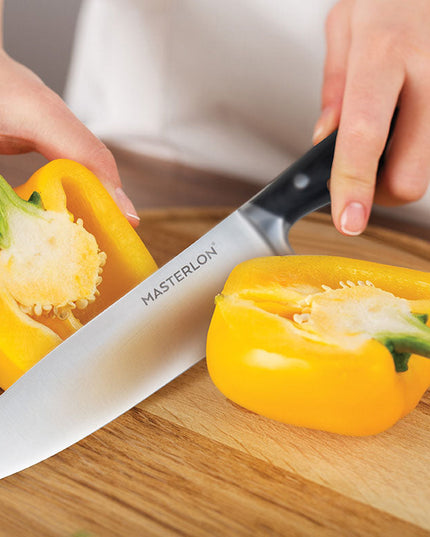 MASTERPAN Essential Chef’s Knife Bundle - 8" Chef’s Knife, 8" Slicer Knife & 7" Santoku Knife - Stainless Steel Blades with Protective Covers
