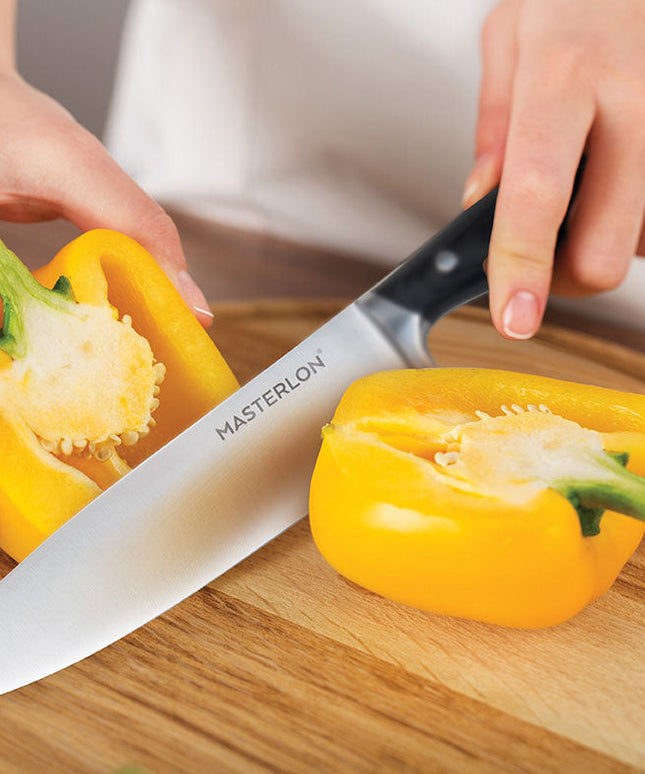 MASTERPAN Essential Chef’s Knife Bundle - 8" Chef’s Knife, 8" Slicer Knife & 7" Santoku Knife - Stainless Steel Blades with Protective Covers