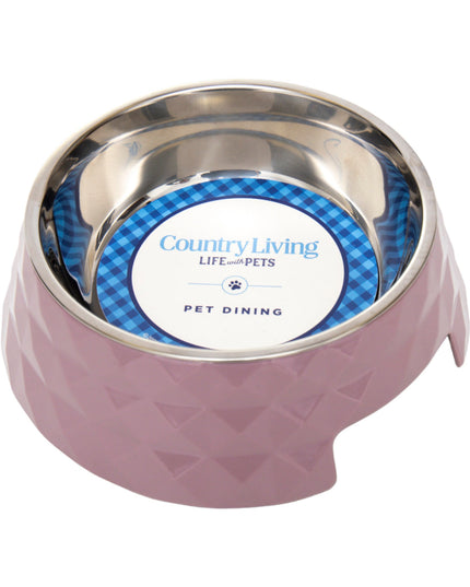 Country Living Set of 2 Diamond Twill Melamine Dog Bowls with Removable Stainless Steel Inserts – Wood Rose