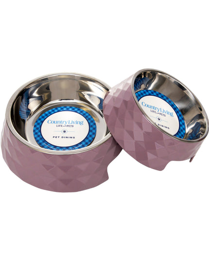 Country Living Set of 2 Diamond Twill Melamine Dog Bowls with Removable Stainless Steel Inserts – Wood Rose