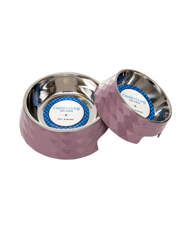 Country Living Set of 2 Diamond Twill Melamine Dog Bowls with Removable Stainless Steel Inserts – Wood Rose