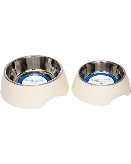 Country Living Set of 2 Round Twill Melamine Dog Bowls with Removable Stainless Steel Inserts – White Swan