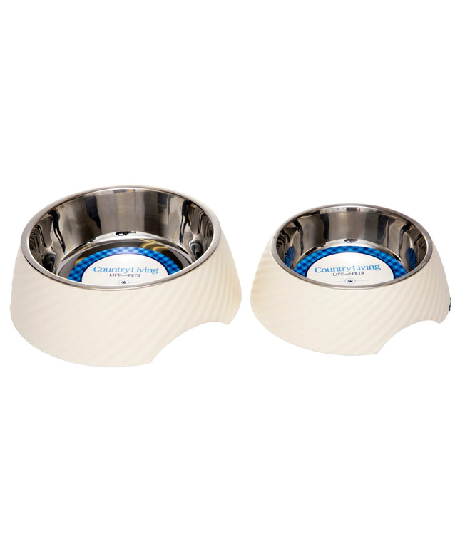 Country Living Set of 2 Round Twill Melamine Dog Bowls with Removable Stainless Steel Inserts – White Swan