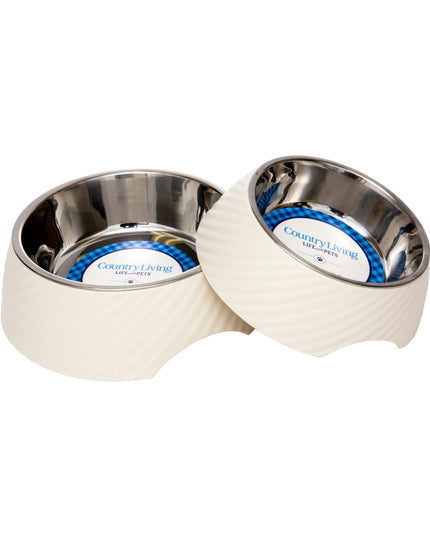 Country Living Set of 2 Round Twill Melamine Dog Bowls with Removable Stainless Steel Inserts – White Swan