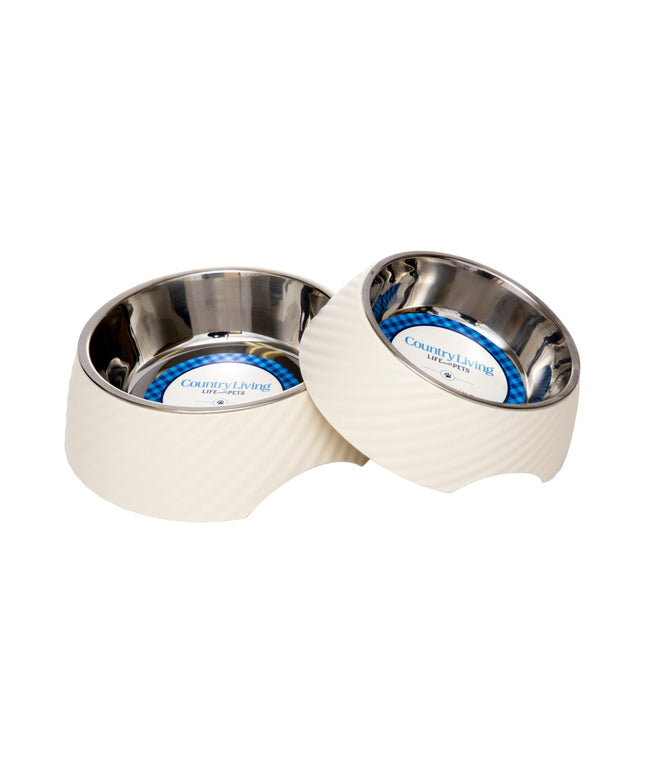 Country Living Set of 2 Round Twill Melamine Dog Bowls with Removable Stainless Steel Inserts – White Swan