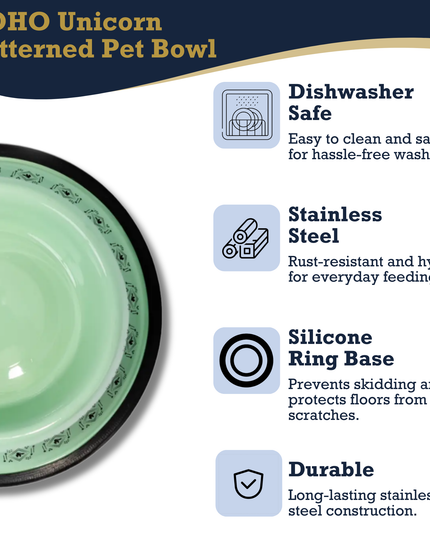 Non-Skid Boho Stainless Steel Dog Bowl – with Whimsical Unicorn Design, Silicone Base for Medium Dogs – 24oz