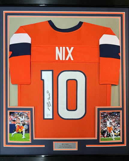 Framed Autographed/Signed Bo Nix 35x39 Denver Orange Football Jersey Beckett BAS COA