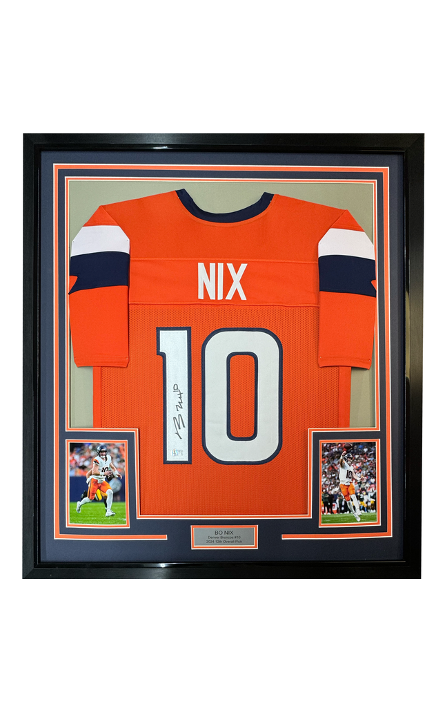 Framed Autographed/Signed Bo Nix 35x39 Denver Orange Football Jersey Beckett BAS COA