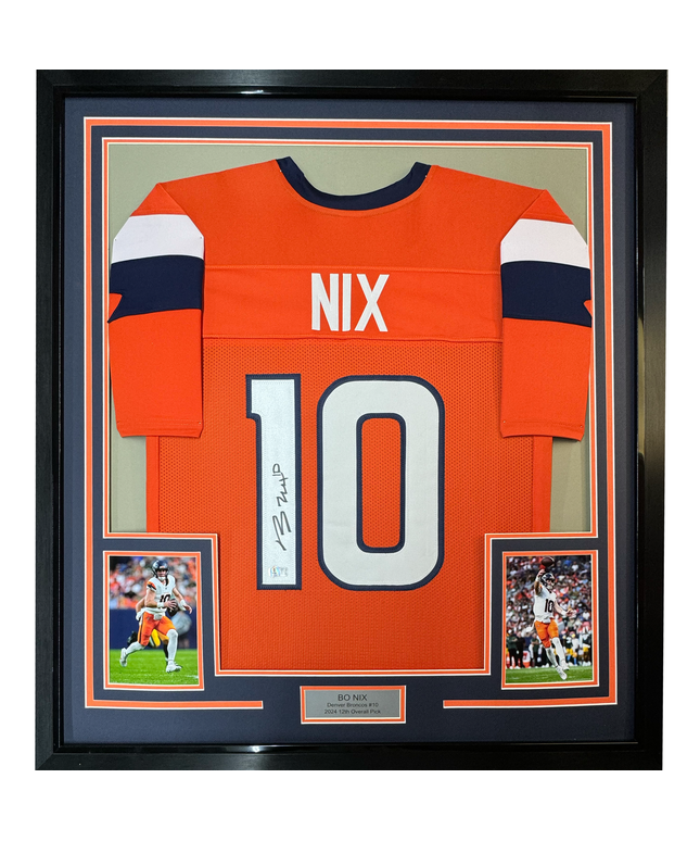 Framed Autographed/Signed Bo Nix 35x39 Denver Orange Football Jersey Beckett BAS COA