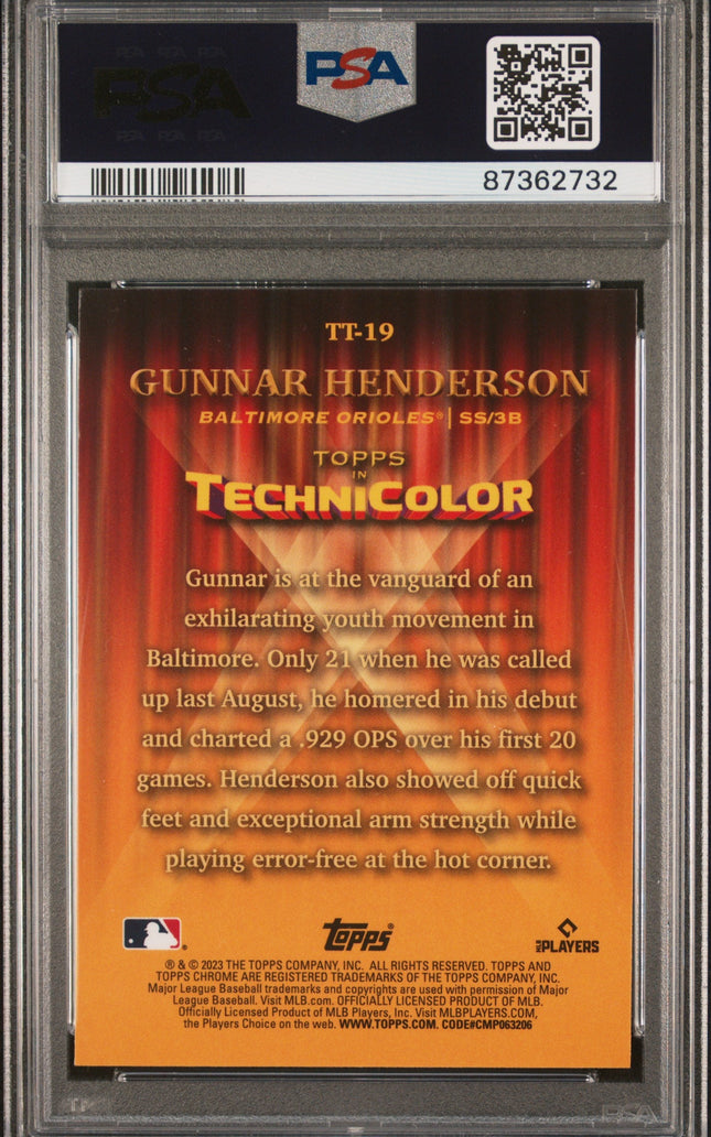 Graded 2023 Topps Chrome Gunnar Henderson #TT19 Topps in Technicolor Rookie RC Baseball Card PSA 10 Gem Mint
