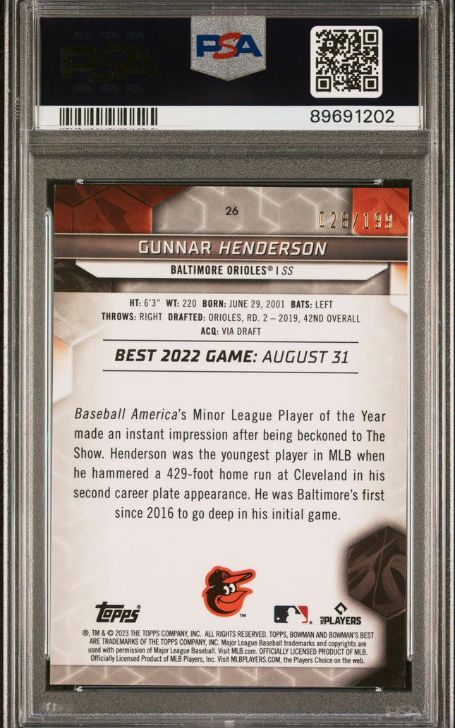 Graded 2023 Topps Bowmans Best Gunnar Henderson #26 Aqua Lava #/199 Rookie RC Baseball Card PSA 10 Gem Mint