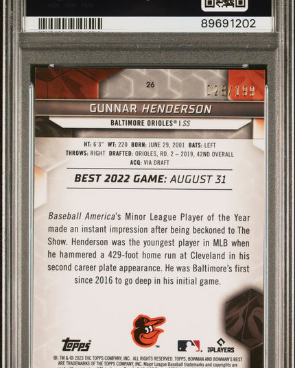 Graded 2023 Topps Bowmans Best Gunnar Henderson #26 Aqua Lava #/199 Rookie RC Baseball Card PSA 10 Gem Mint