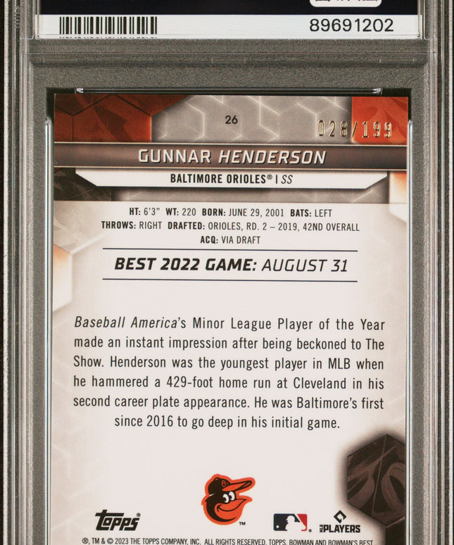 Graded 2023 Topps Bowmans Best Gunnar Henderson #26 Aqua Lava #/199 Rookie RC Baseball Card PSA 10 Gem Mint