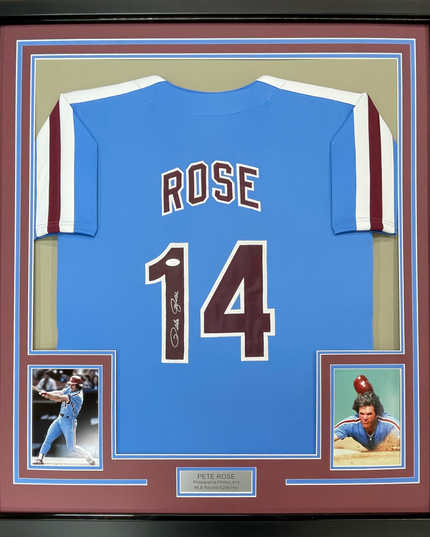 Framed Autographed/Signed Pete Rose 35x39 Philadelphia Retro Blue Baseball Jersey JSA COA