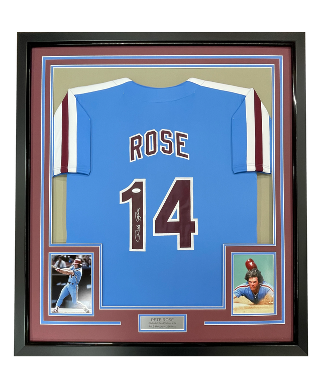 Framed Autographed/Signed Pete Rose 35x39 Philadelphia Retro Blue Baseball Jersey JSA COA