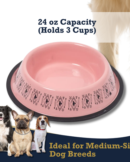 Non-Skid Boho Stainless Steel Dog Bowl – with Whimsical Unicorn Design, Silicone Base for Medium Dogs – 24oz