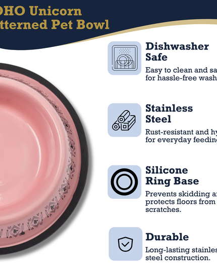 Non-Skid Boho Stainless Steel Dog Bowl – with Whimsical Unicorn Design, Silicone Base for Medium Dogs – 24oz