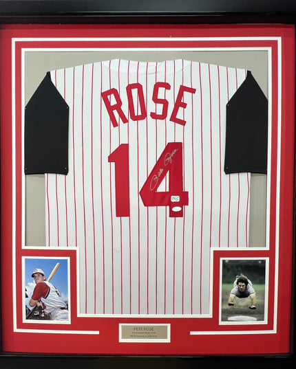 Framed Autographed/Signed Pete Rose 35x39 Cincinnati Pinstripe Baseball Jersey JSA COA