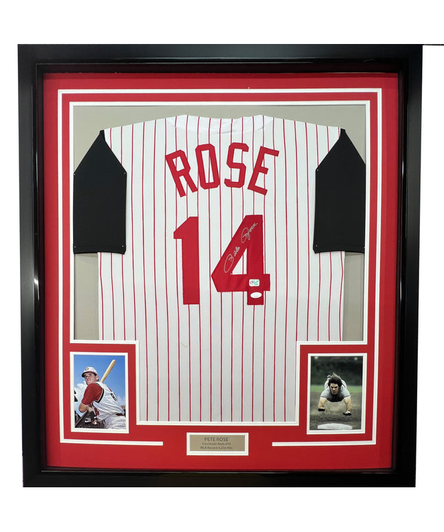 Framed Autographed/Signed Pete Rose 35x39 Cincinnati Pinstripe Baseball Jersey JSA COA