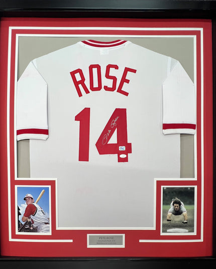 Framed Autographed/Signed Pete Rose 35x39 Cincinnati White Baseball Jersey JSA COA