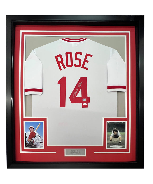 Framed Autographed/Signed Pete Rose 35x39 Cincinnati White Baseball Jersey JSA COA
