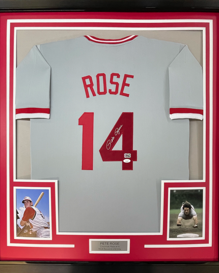 Framed Autographed/Signed Pete Rose 35x39 Cincinnati Grey Baseball Jersey JSA COA