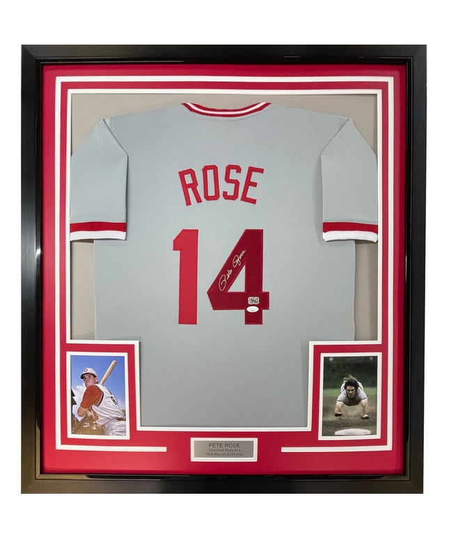 Framed Autographed/Signed Pete Rose 35x39 Cincinnati Grey Baseball Jersey JSA COA