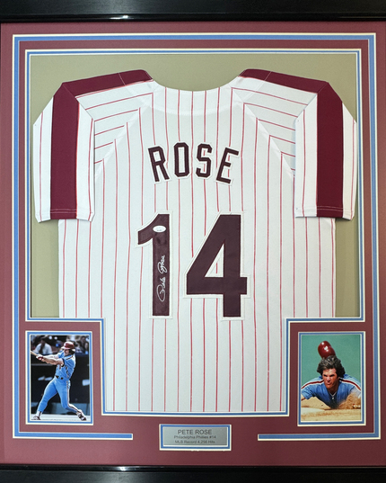 Framed Autographed/Signed Pete Rose Philadelphia 35x39 Pinstripe Baseball Jersey JSA COA