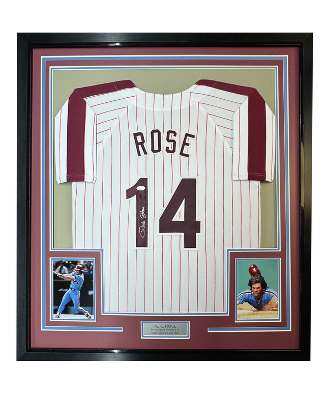 Framed Autographed/Signed Pete Rose Philadelphia 35x39 Pinstripe Baseball Jersey JSA COA