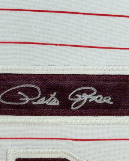 Framed Autographed/Signed Pete Rose Philadelphia 35x39 Pinstripe Baseball Jersey JSA COA