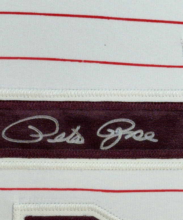 Framed Autographed/Signed Pete Rose Philadelphia 35x39 Pinstripe Baseball Jersey JSA COA