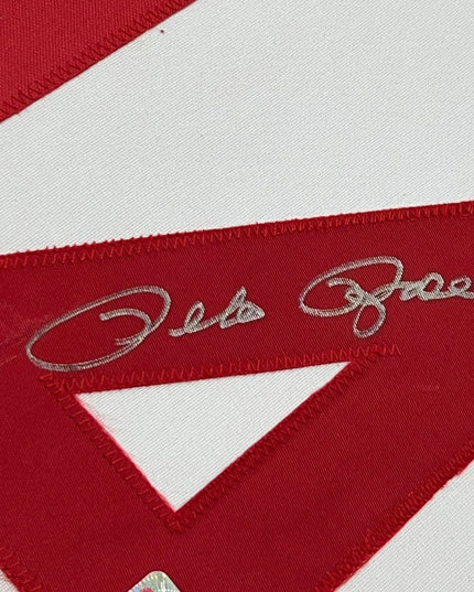 Framed Autographed/Signed Pete Rose 35x39 Cincinnati White Baseball Jersey JSA COA