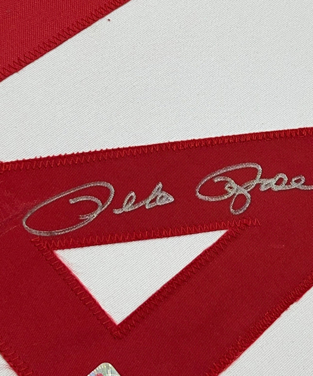 Framed Autographed/Signed Pete Rose 35x39 Cincinnati White Baseball Jersey JSA COA