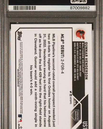 Graded 2023 Topps Update Gunnar Henderson #US18 Rookie RC Baseball Card PSA 10 Gem Mint